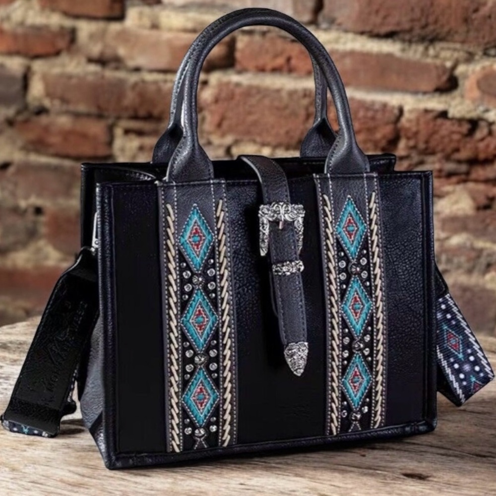 Embroidered with Rhinestone Embellishments and Aztec Design Carry Concealed Tote